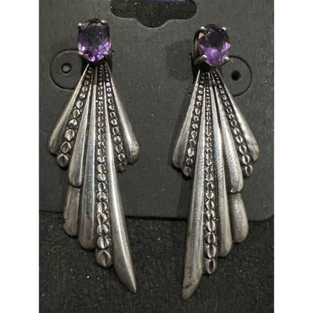 Artisan Sterling Silver Amethyst Modernist Brutalist Huggie Earrings Posts